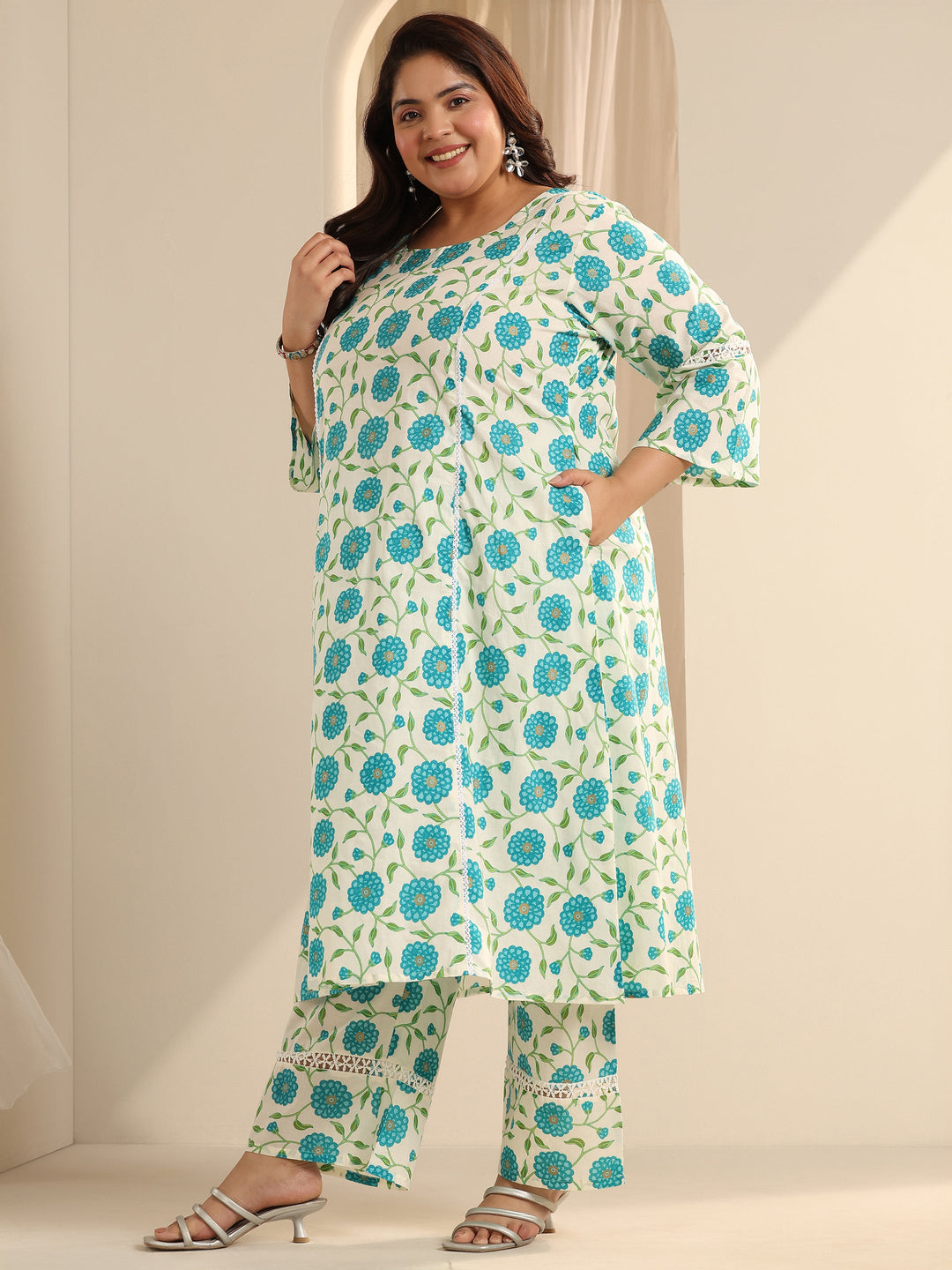 Off White Printed Cotton Blend Straight Kurta Set