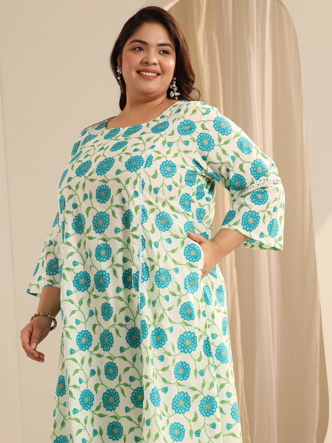 Off White Printed Cotton Blend Straight Kurta Set