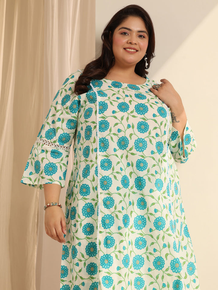 Off White Printed Cotton Blend Straight Kurta Set
