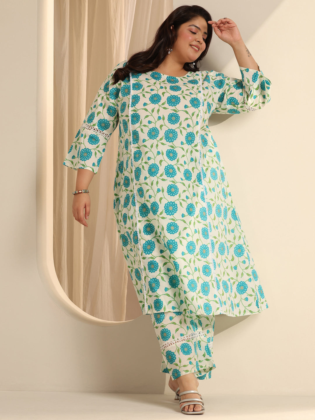 Off White Printed Cotton Blend Straight Kurta Set