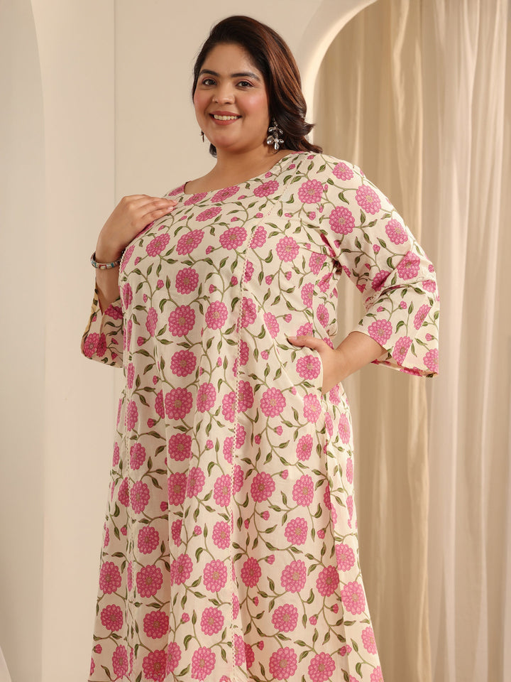 Off White Printed Cotton Blend Straight Kurta Set