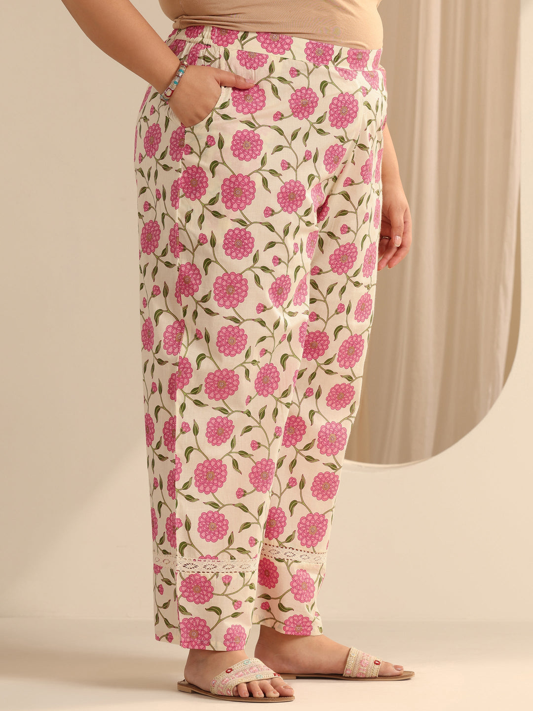 Off White Printed Cotton Blend Straight Kurta Set