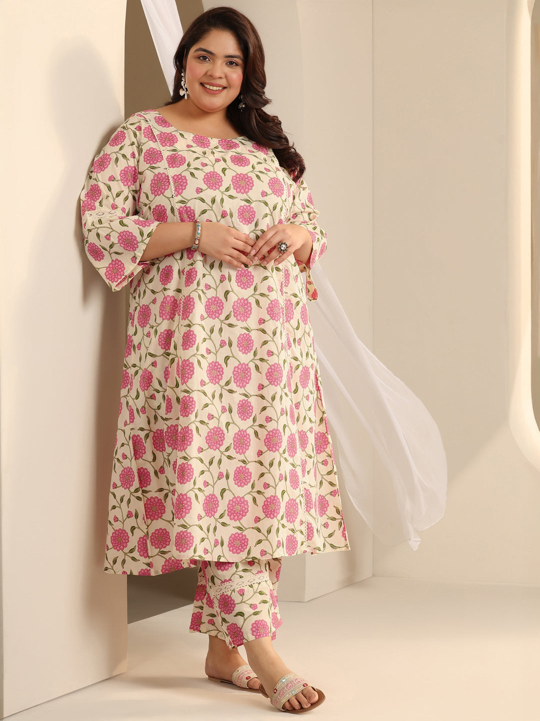 Off White Printed Cotton Blend Straight Kurta Set