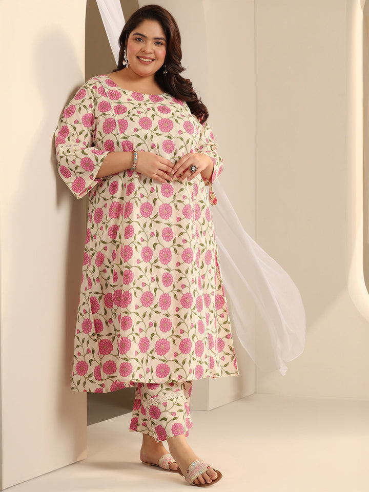 Off White Printed Cotton Blend Straight Kurta Set