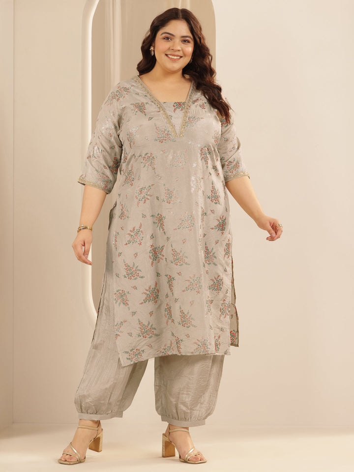 Plus Size Grey Woven Design Silk Blend Straight Suit Set With Dupatta