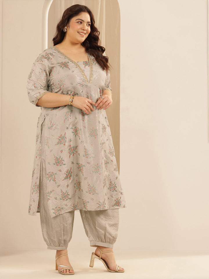 Plus Size Grey Woven Design Silk Blend Straight Suit Set With Dupatta