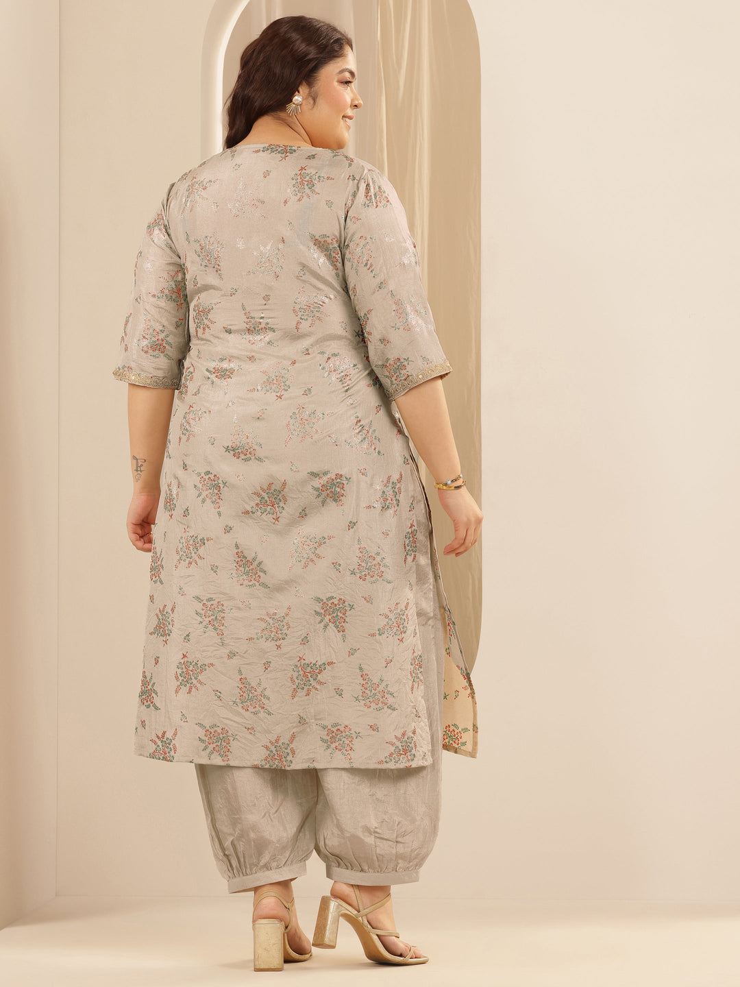 Plus Size Grey Woven Design Silk Blend Straight Suit Set With Dupatta