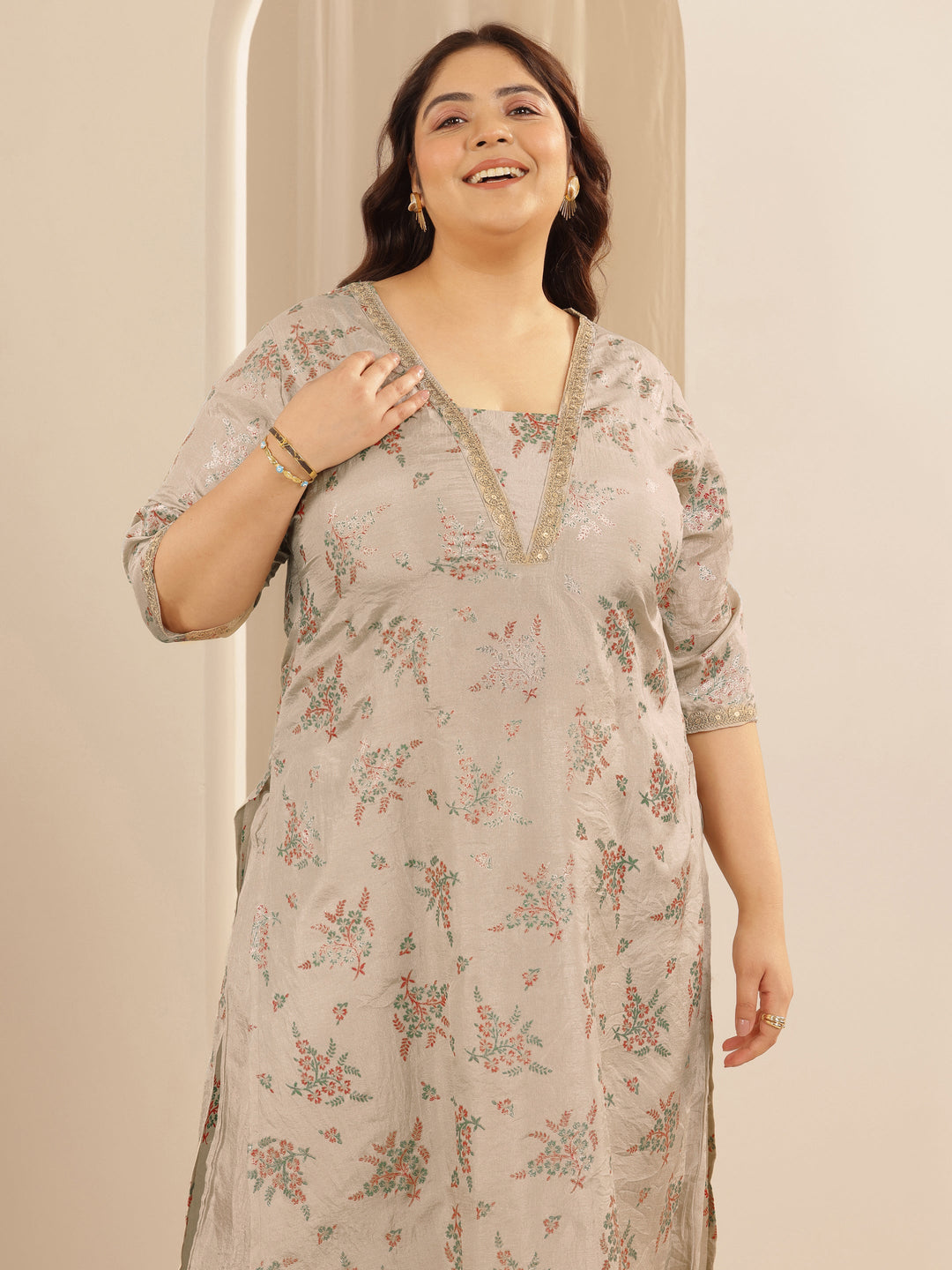 Plus Size Grey Woven Design Silk Blend Straight Suit Set With Dupatta