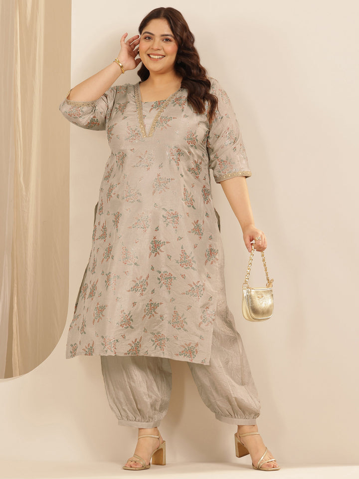 Plus Size Grey Woven Design Silk Blend Straight Suit Set With Dupatta