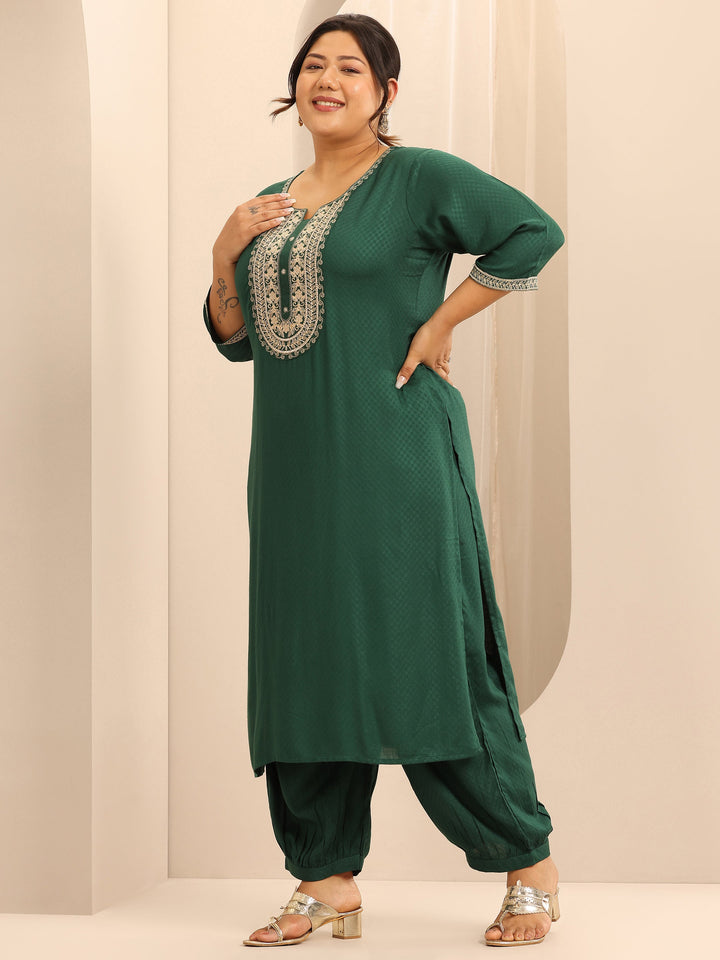 Plus Size Green Woven Design Viscose Rayon Straight Suit Set With Dupatta