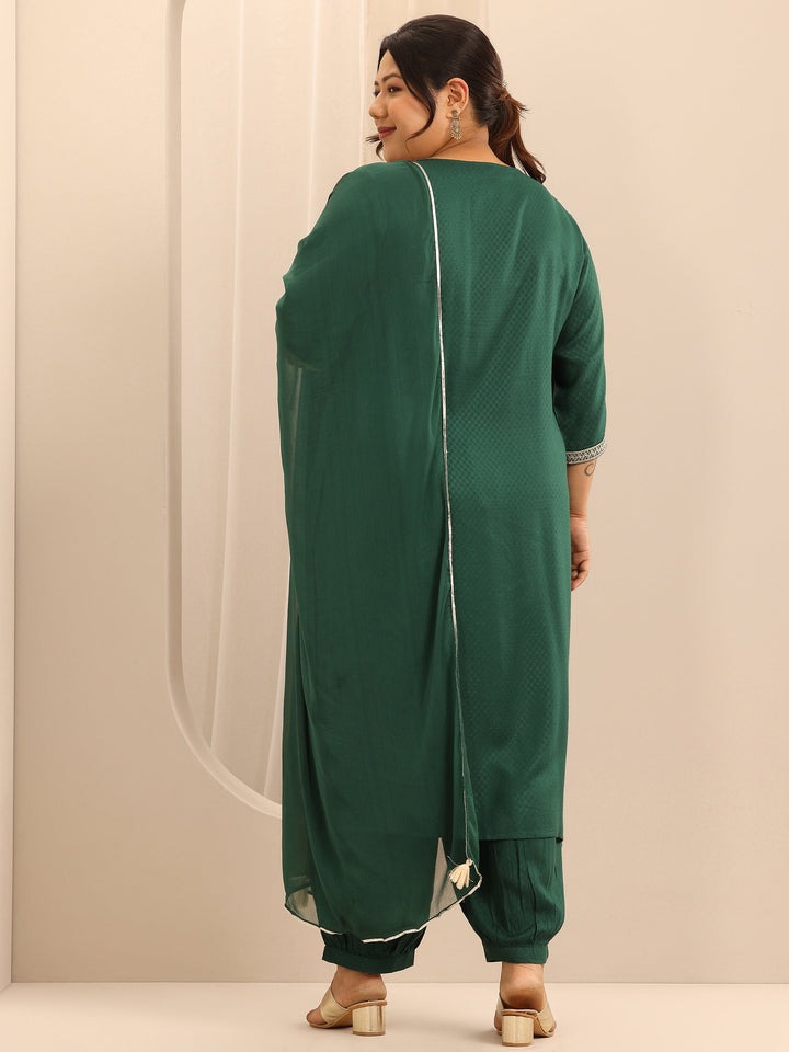Plus Size Green Woven Design Viscose Rayon Straight Suit Set With Dupatta
