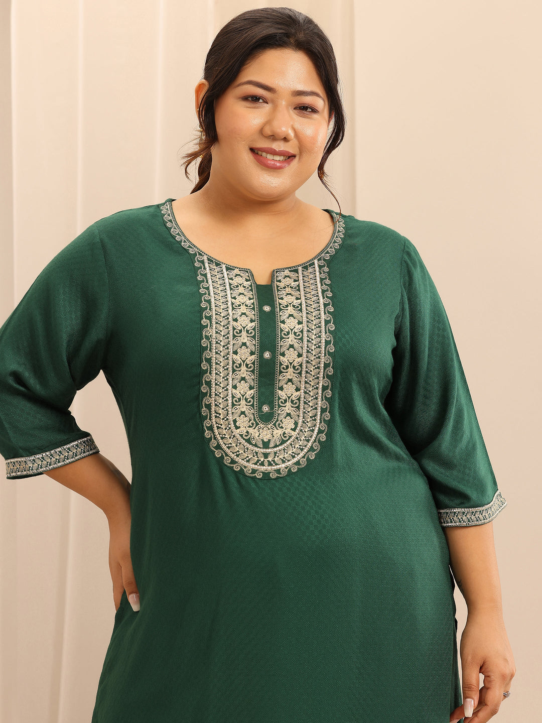 Plus Size Green Woven Design Viscose Rayon Straight Suit Set With Dupatta