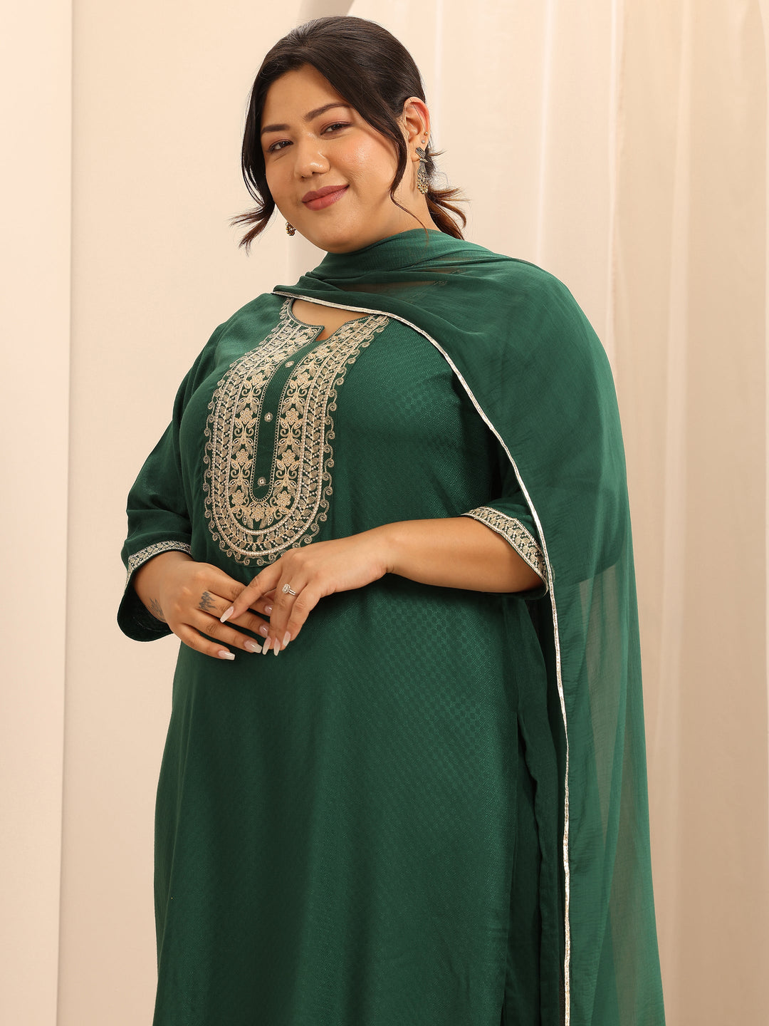 Plus Size Green Woven Design Viscose Rayon Straight Suit Set With Dupatta