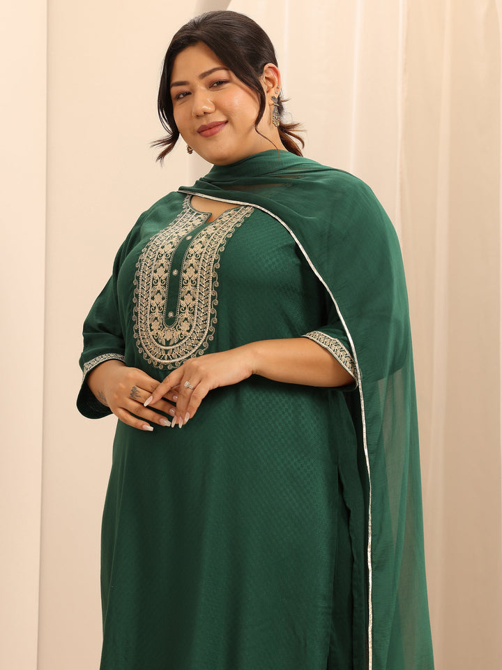Plus Size Green Woven Design Viscose Rayon Straight Suit Set With Dupatta
