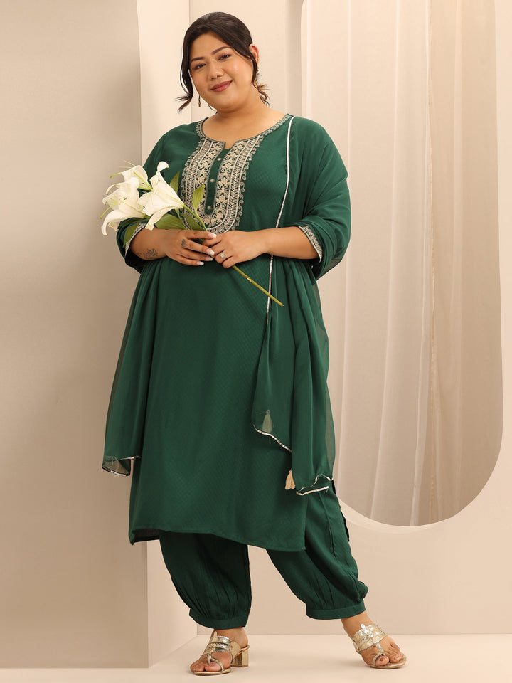 Plus Size Green Woven Design Viscose Rayon Straight Suit Set With Dupatta