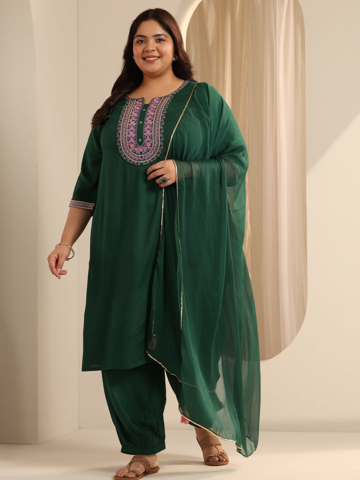 Green Woven Design Viscose Straight Suit Set With Dupatta