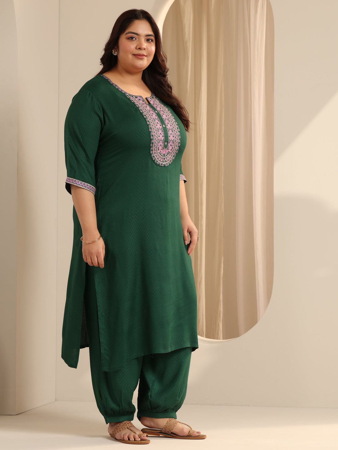 Green Woven Design Viscose Straight Suit Set With Dupatta