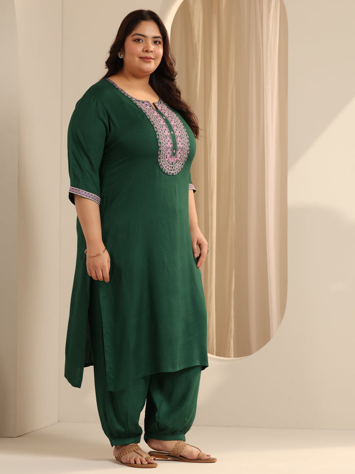 Green Woven Design Viscose Straight Suit Set With Dupatta