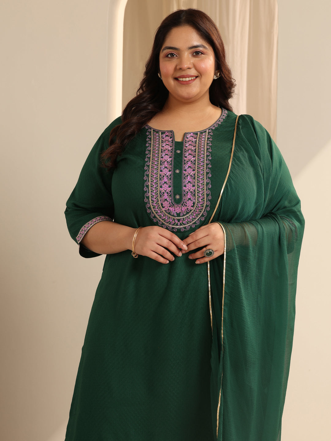 Green Woven Design Viscose Straight Suit Set With Dupatta