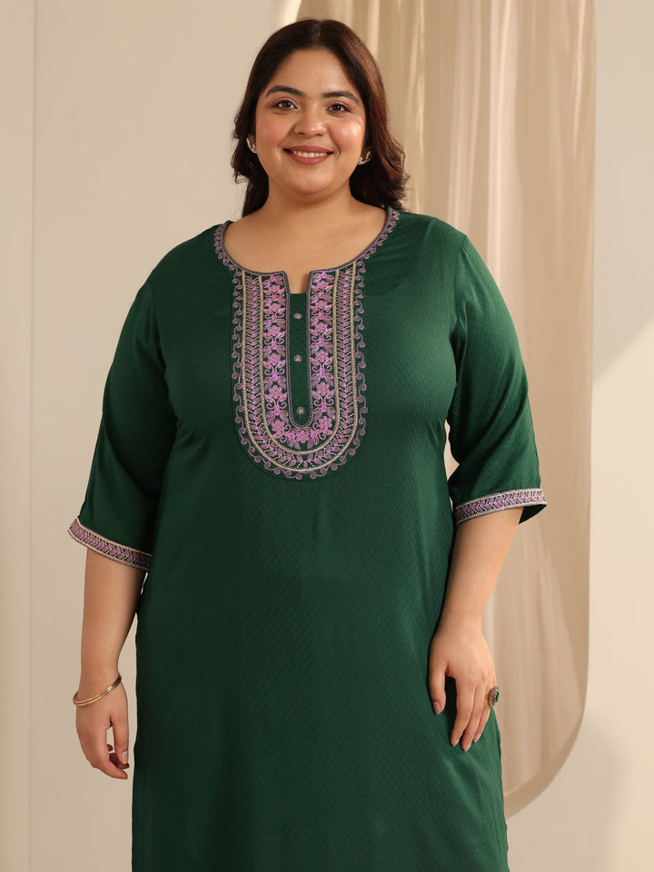 Green Woven Design Viscose Straight Suit Set With Dupatta