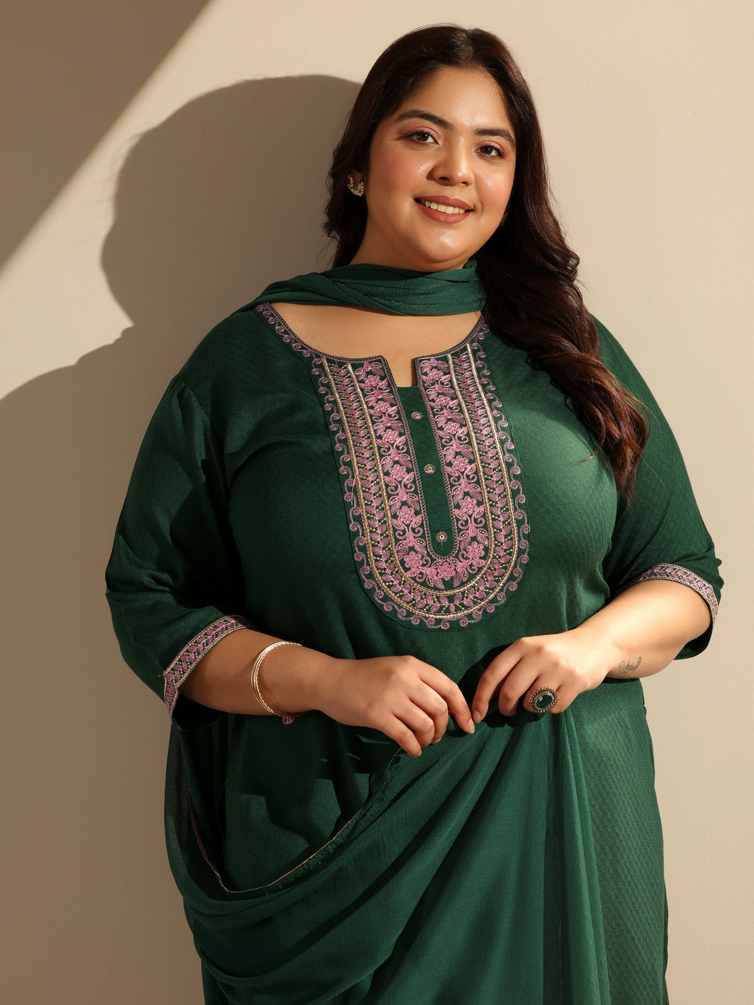 Green Woven Design Viscose Straight Suit Set With Dupatta