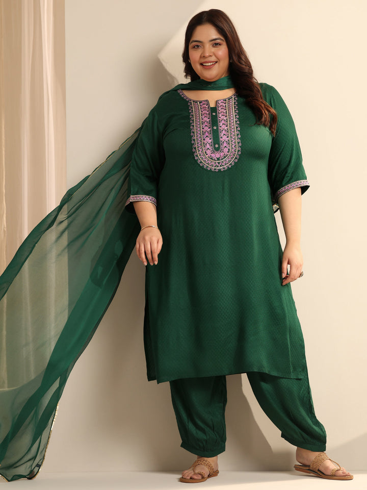Green Woven Design Viscose Straight Suit Set With Dupatta