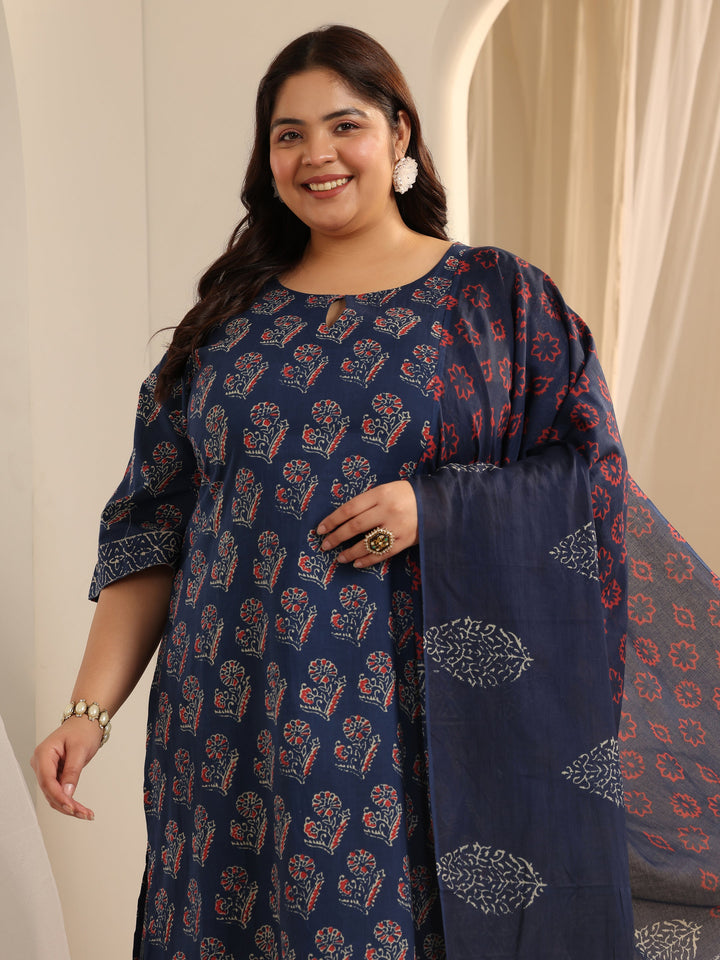 Blue Printed Cotton Straight Suit Set With Dupatta