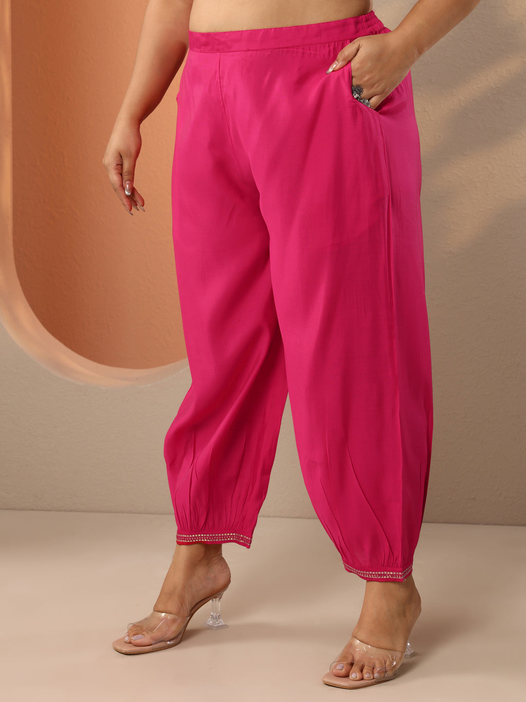 Plus Size Pink Embellished Silk Blend Straight Suit Set With Dupatta