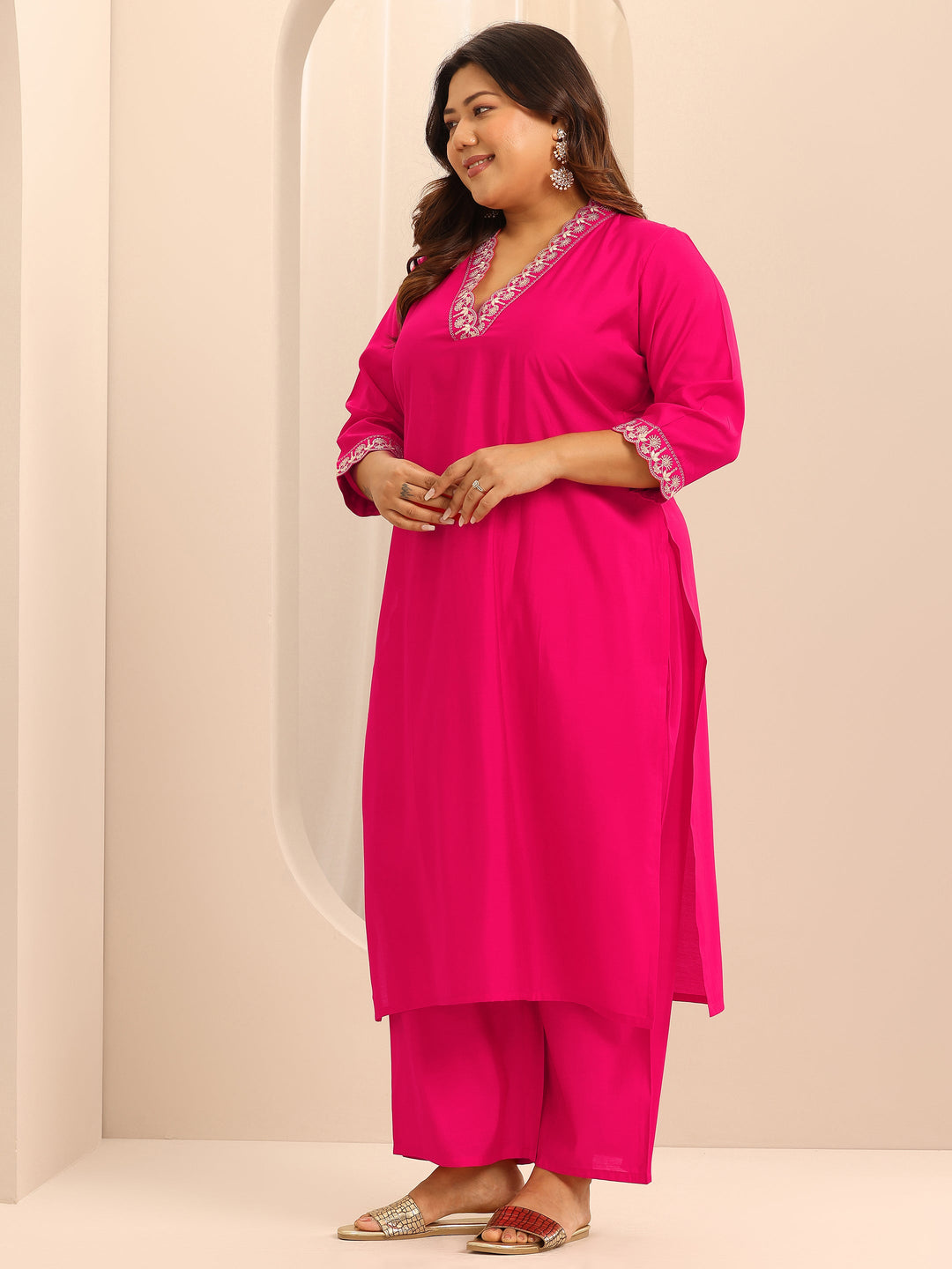 Plus Size Pink Embellished Silk Blend Straight Suit Set With Dupatta