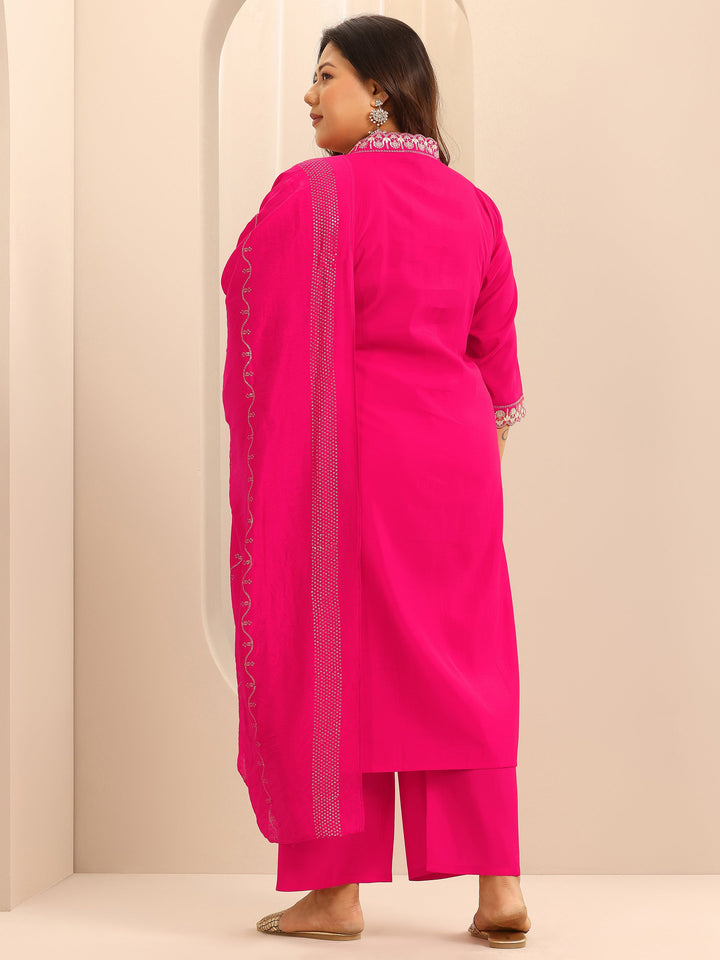 Plus Size Pink Embellished Silk Blend Straight Suit Set With Dupatta