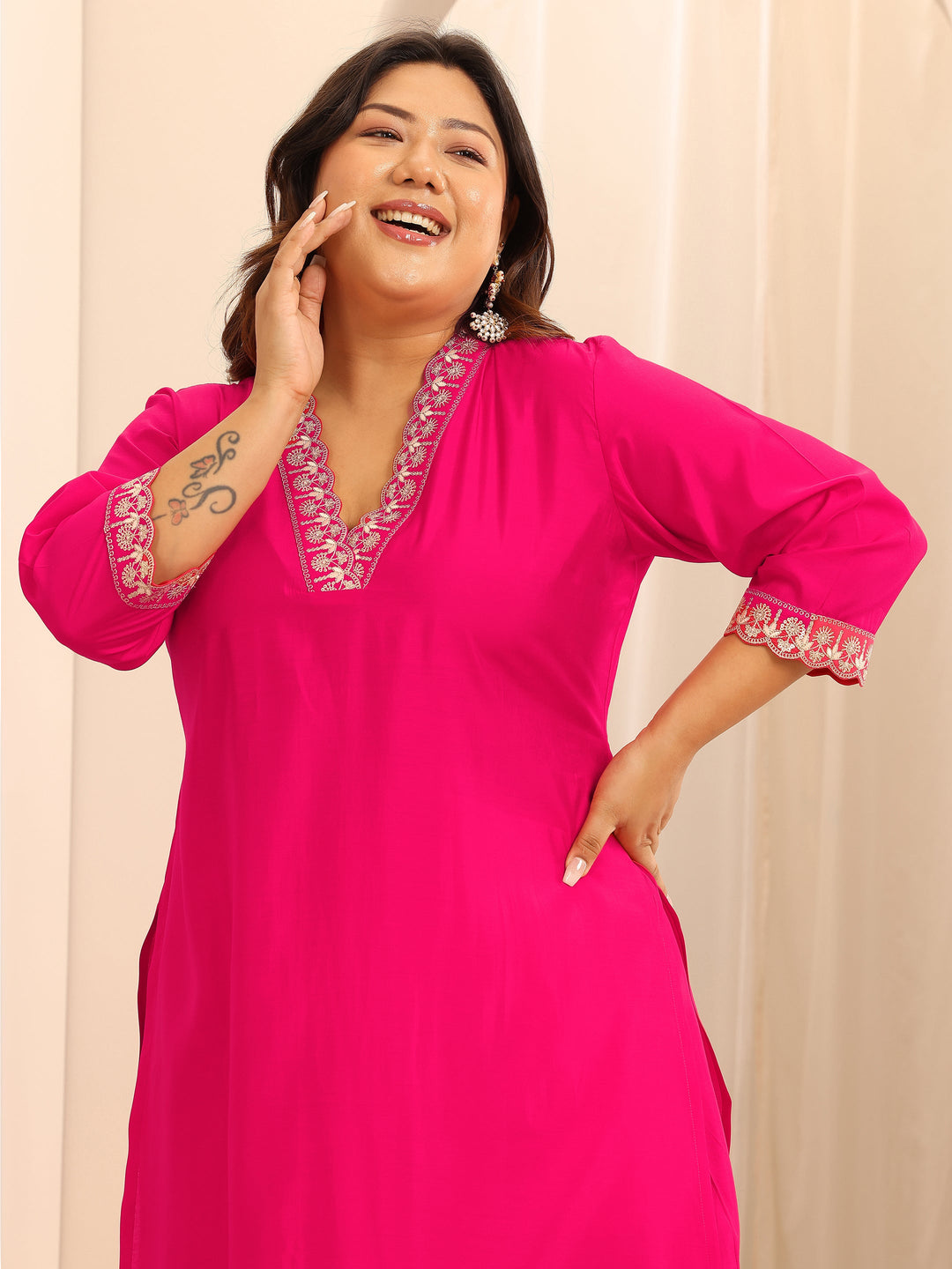 Plus Size Pink Embellished Silk Blend Straight Suit Set With Dupatta