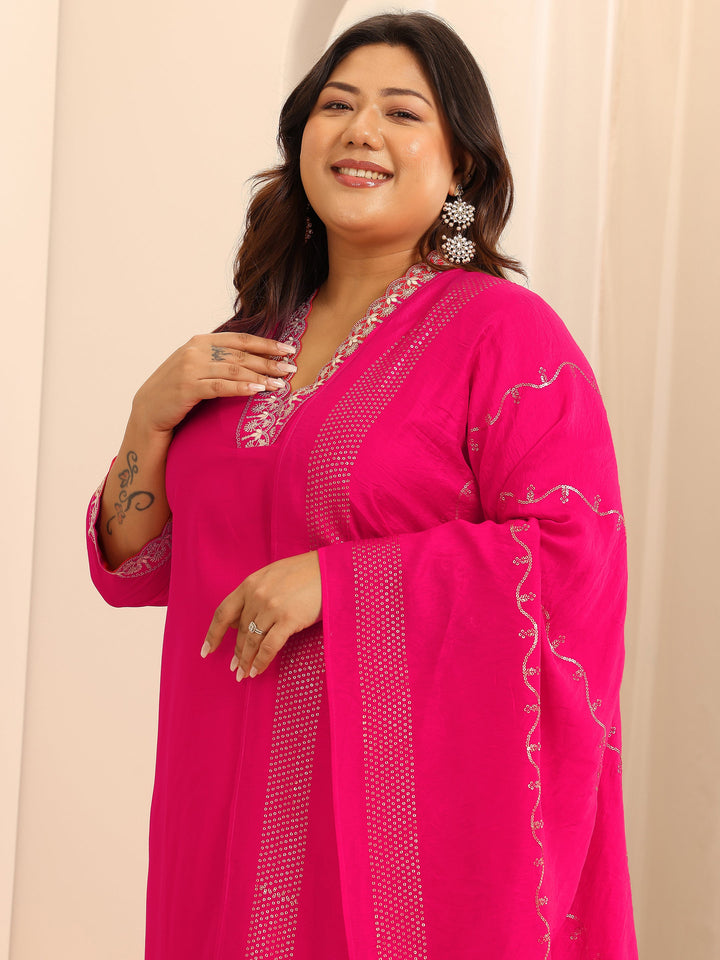 Plus Size Pink Embellished Silk Blend Straight Suit Set With Dupatta