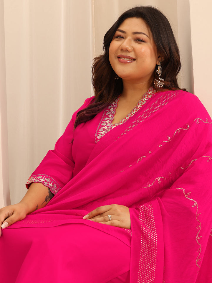 Plus Size Pink Embellished Silk Blend Straight Suit Set With Dupatta
