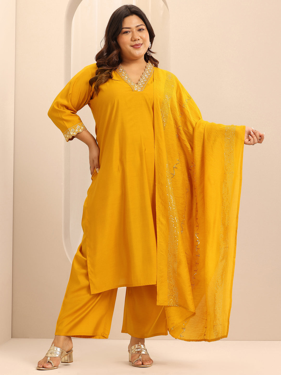 Plus Size Mustard Embellished Silk Blend Straight Suit Set With Dupatta