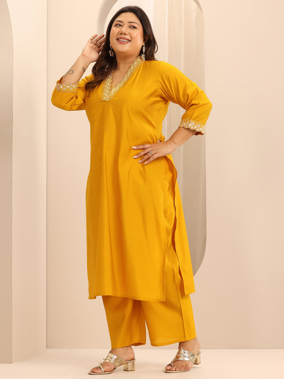 Plus Size Mustard Embellished Silk Blend Straight Suit Set With Dupatta