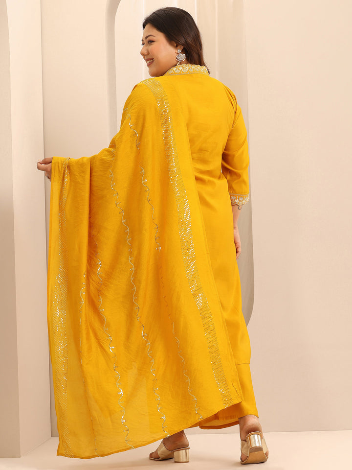 Plus Size Mustard Embellished Silk Blend Straight Suit Set With Dupatta