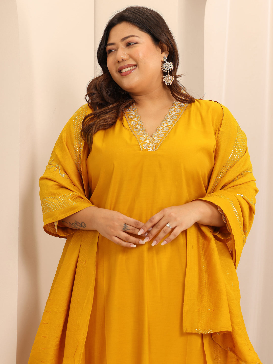 Plus Size Mustard Embellished Silk Blend Straight Suit Set With Dupatta