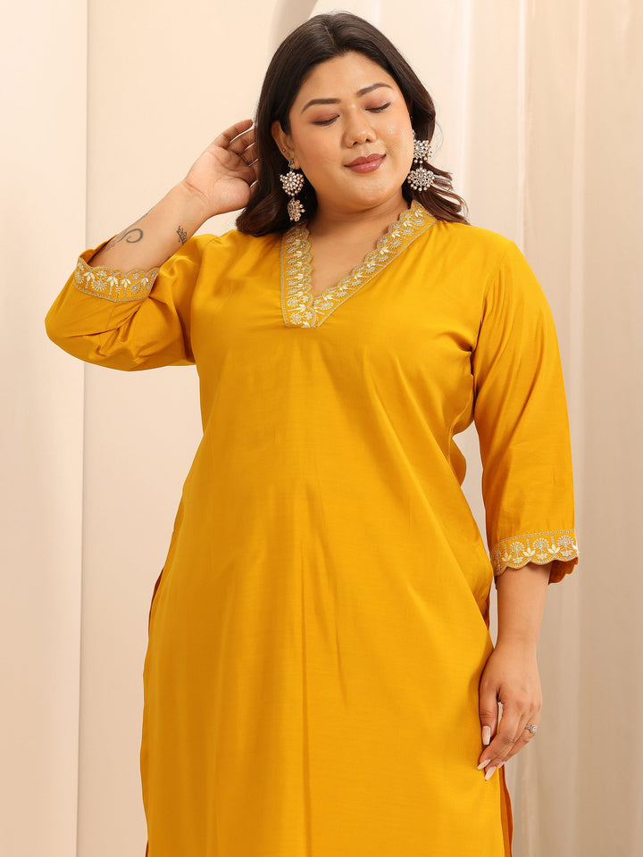 Plus Size Mustard Embellished Silk Blend Straight Suit Set With Dupatta