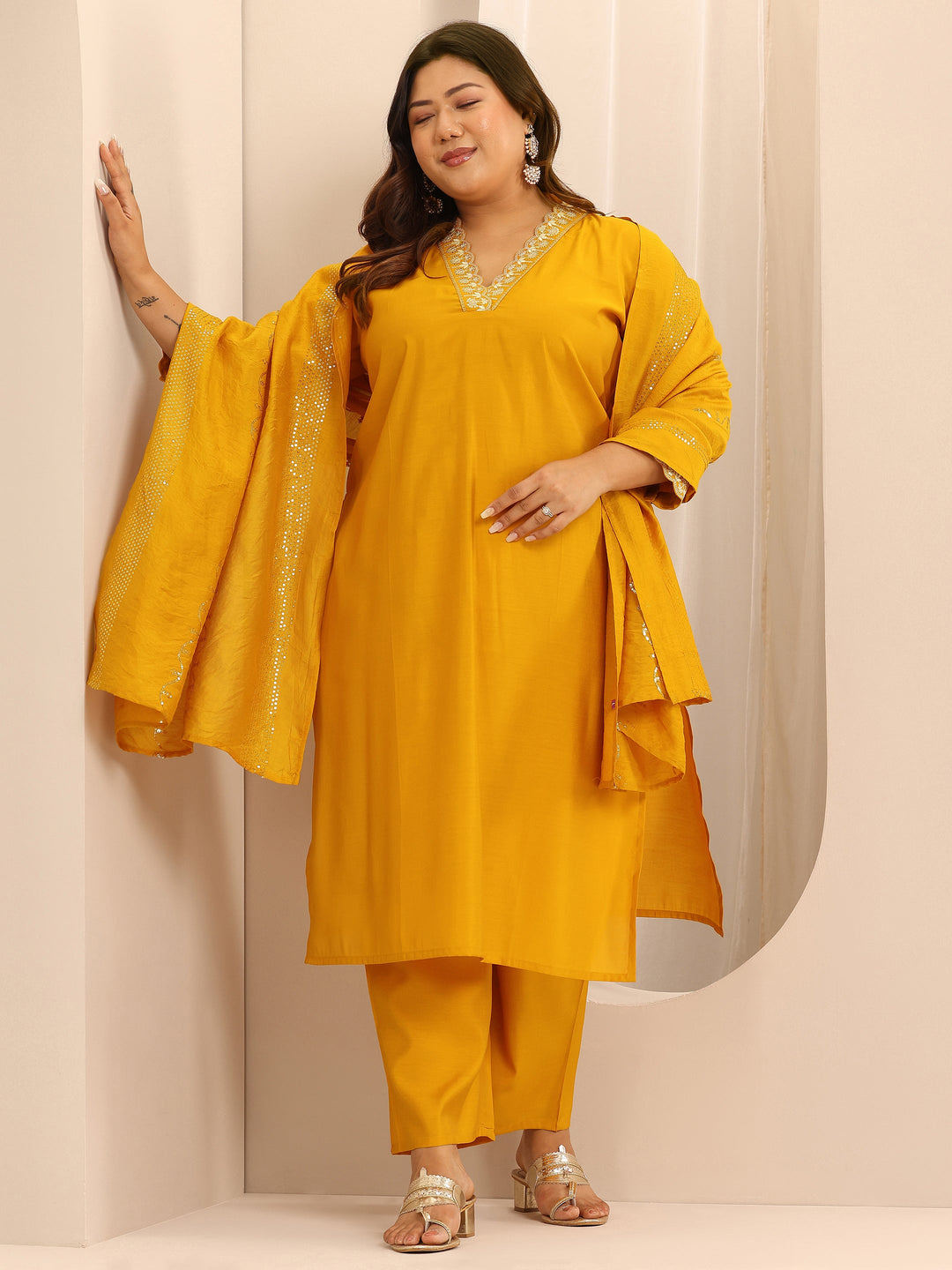 Plus Size Mustard Embellished Silk Blend Straight Suit Set With Dupatta