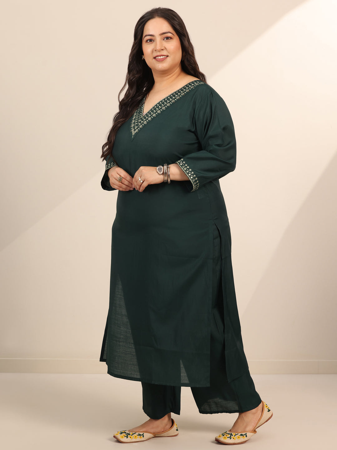 Plus Size Teal Yoke Design Silk Blend Straight Suit Set With Dupatta