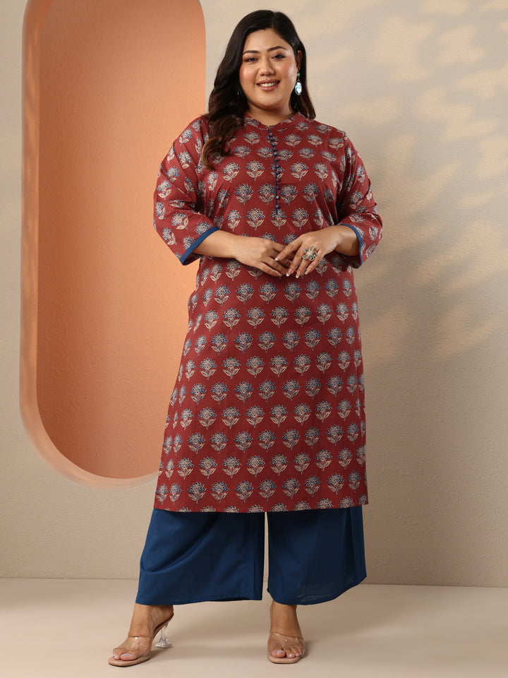 Plus Size Maroon Printed Cotton Straight Kurta Set