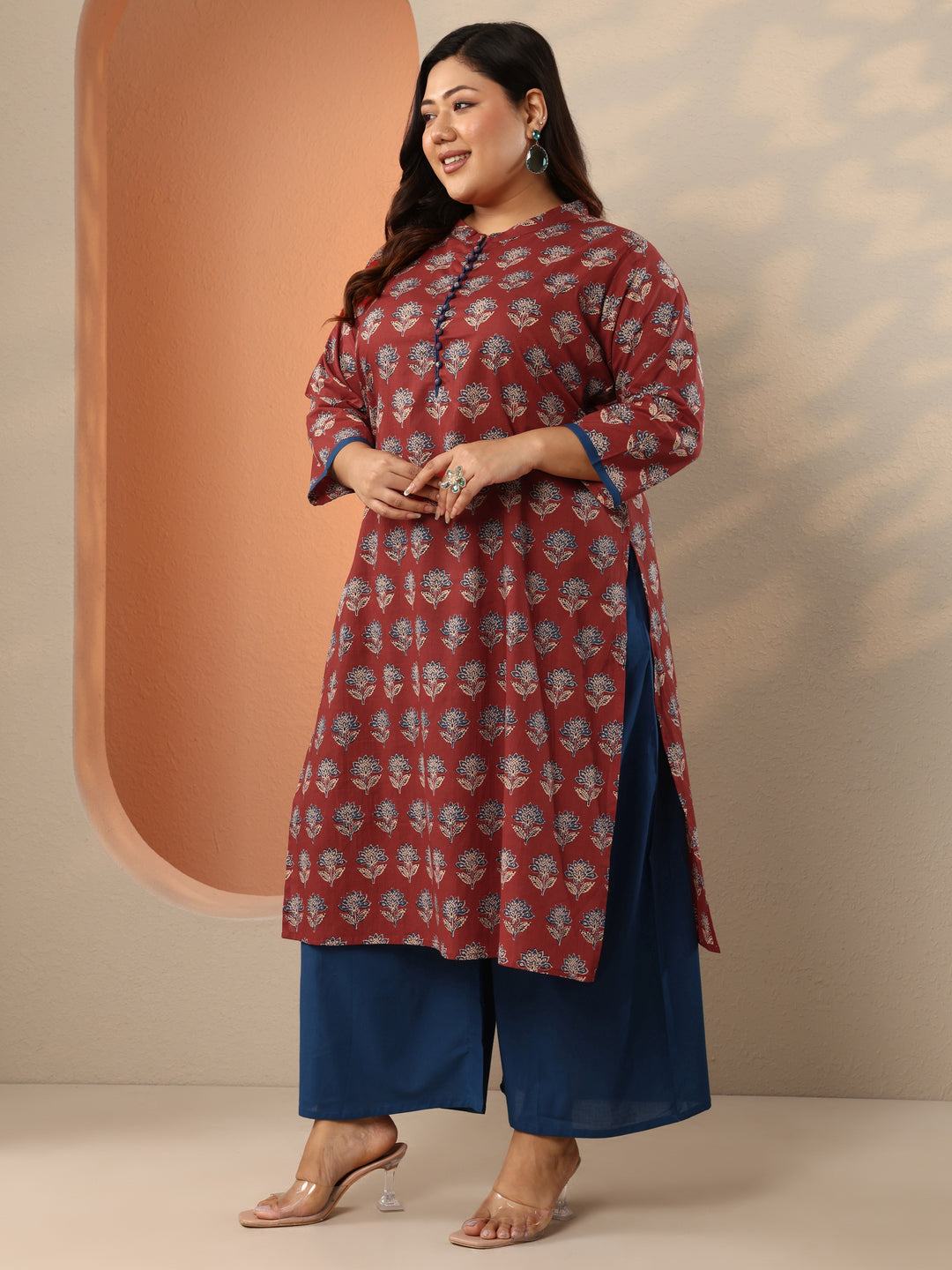 Plus Size Maroon Printed Cotton Straight Kurta Set