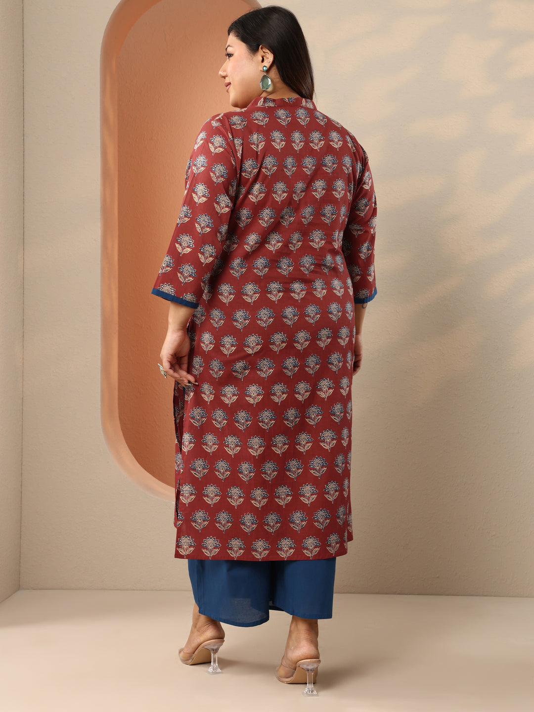 Plus Size Maroon Printed Cotton Straight Kurta Set