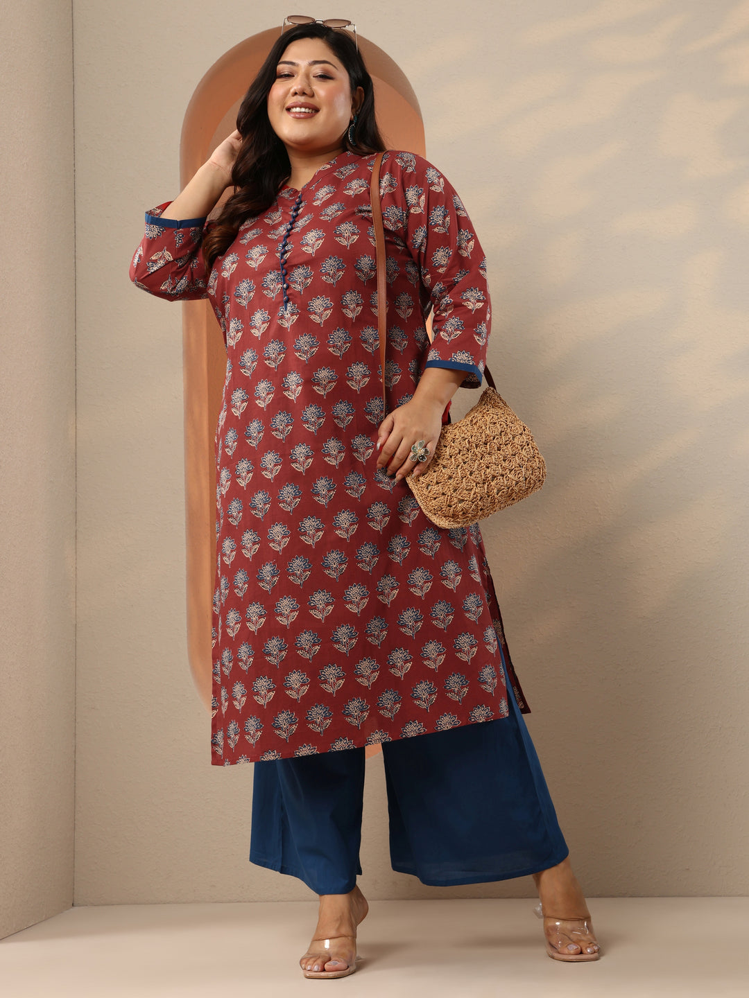 Plus Size Maroon Printed Cotton Straight Kurta Set