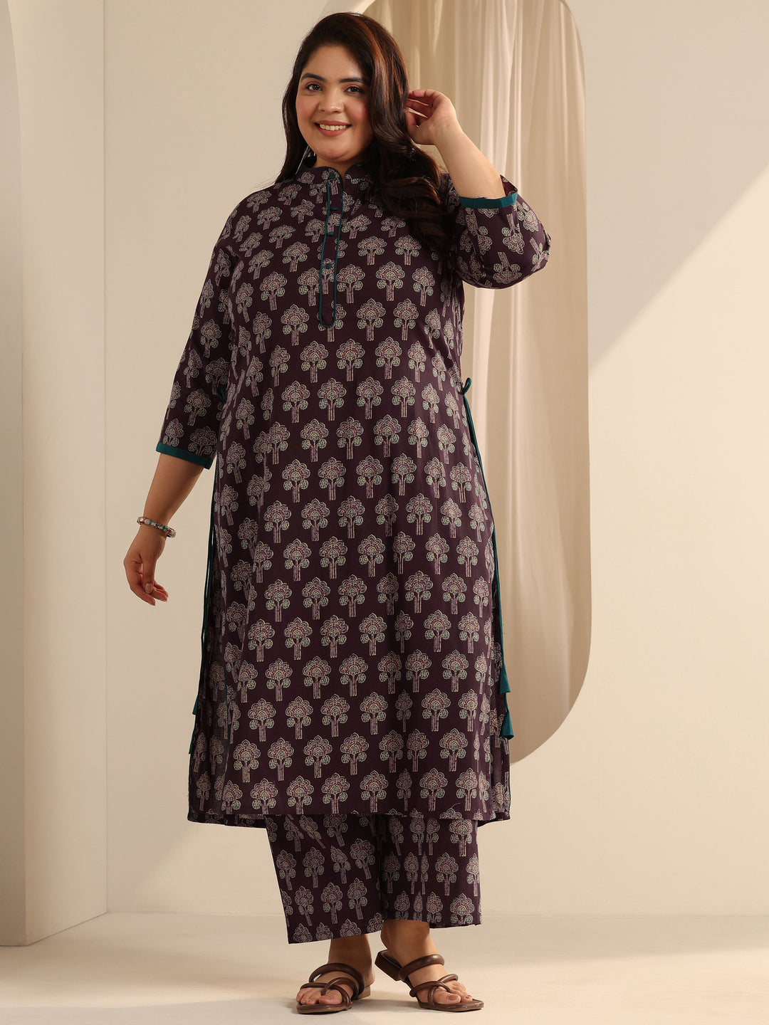 Wine Printed Cotton Straight Kurta Set