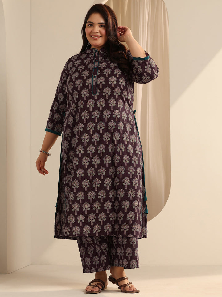 Wine Printed Cotton Straight Kurta Set