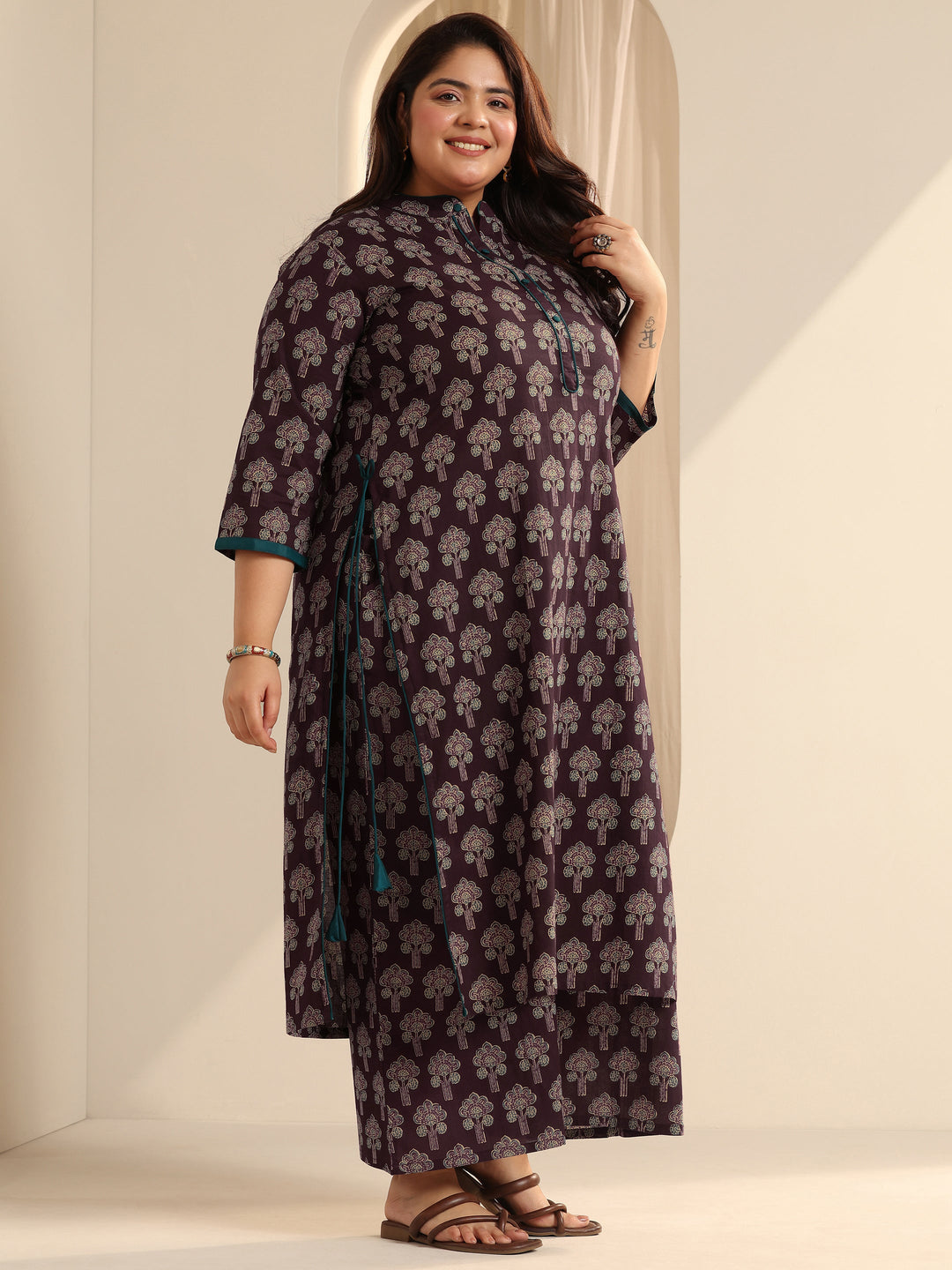 Wine Printed Cotton Straight Kurta Set