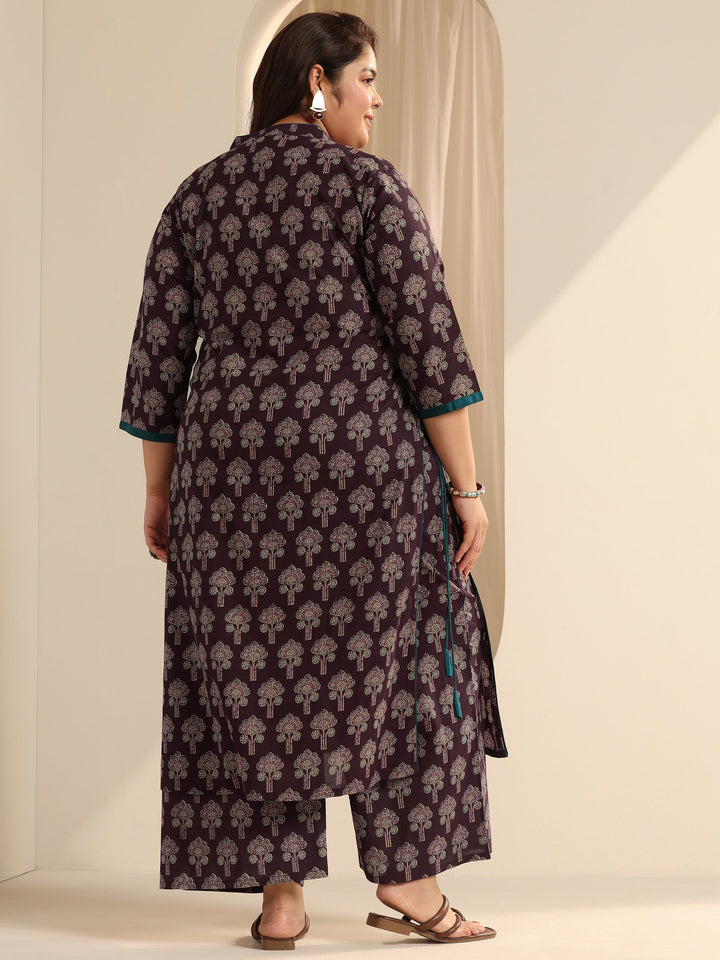 Wine Printed Cotton Straight Kurta Set