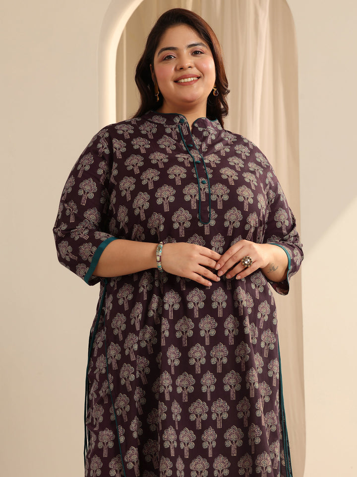 Wine Printed Cotton Straight Kurta Set