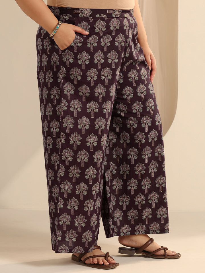 Wine Printed Cotton Straight Kurta Set